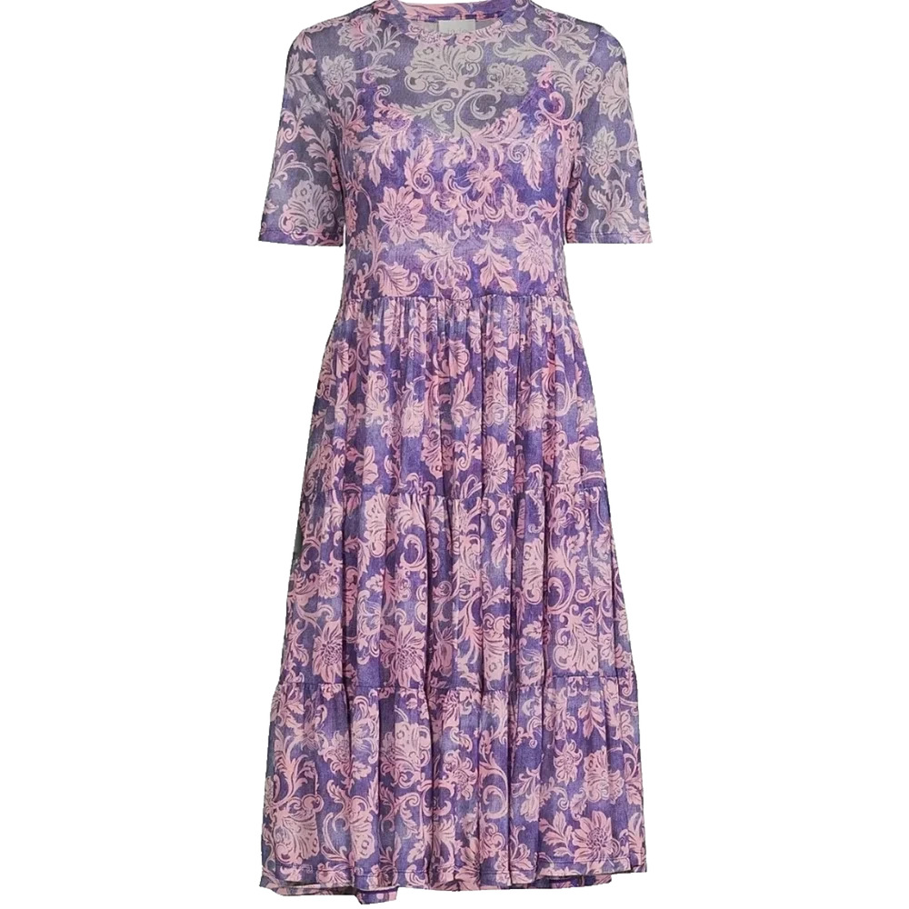 Johnny Was Jade Florentina Mesh Tiered Sheer Dress Purple Pink Short Sleeve PM